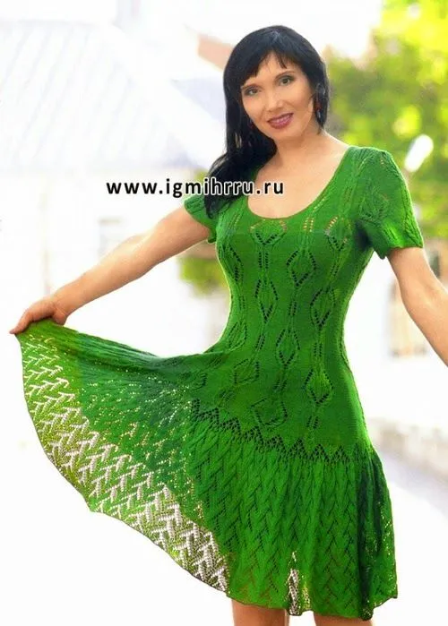 Vestido verde encantador tejido en tricot | Crochet y Dos agujas