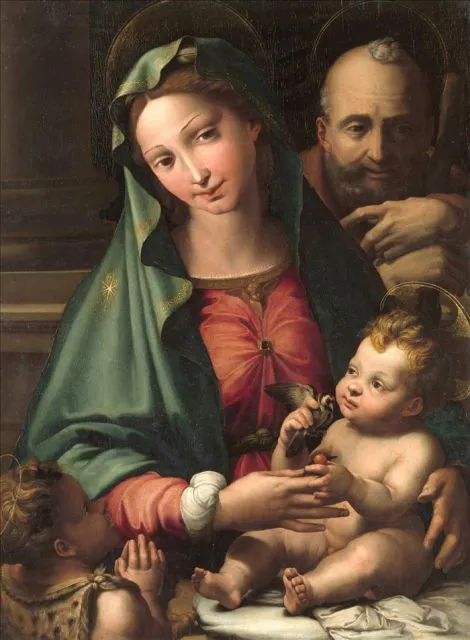 Vista del óleo sobre madera titulado "Sagrada familia con infante ...