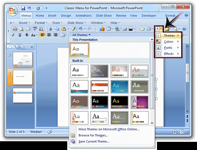 Where is the Themes in Microsoft PowerPoint 2007, 2010, 2013 and 2016