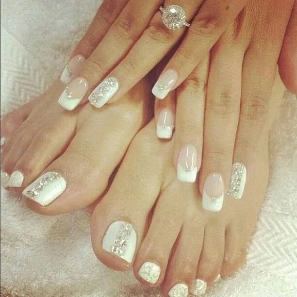 White and silver bridal nail art with toes. | "Acripie" | Pinterest White and silver bridal nail art with toes. | "Acripie" | Pinterest