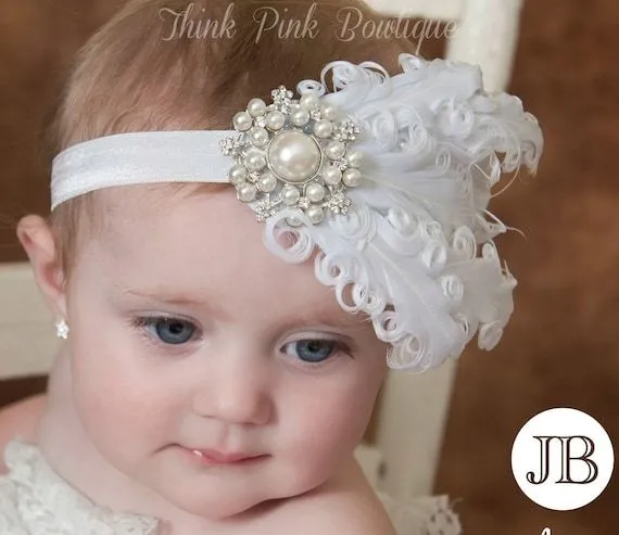 White Baby headband Baby headbandswhite feather por ThinkPinkBows