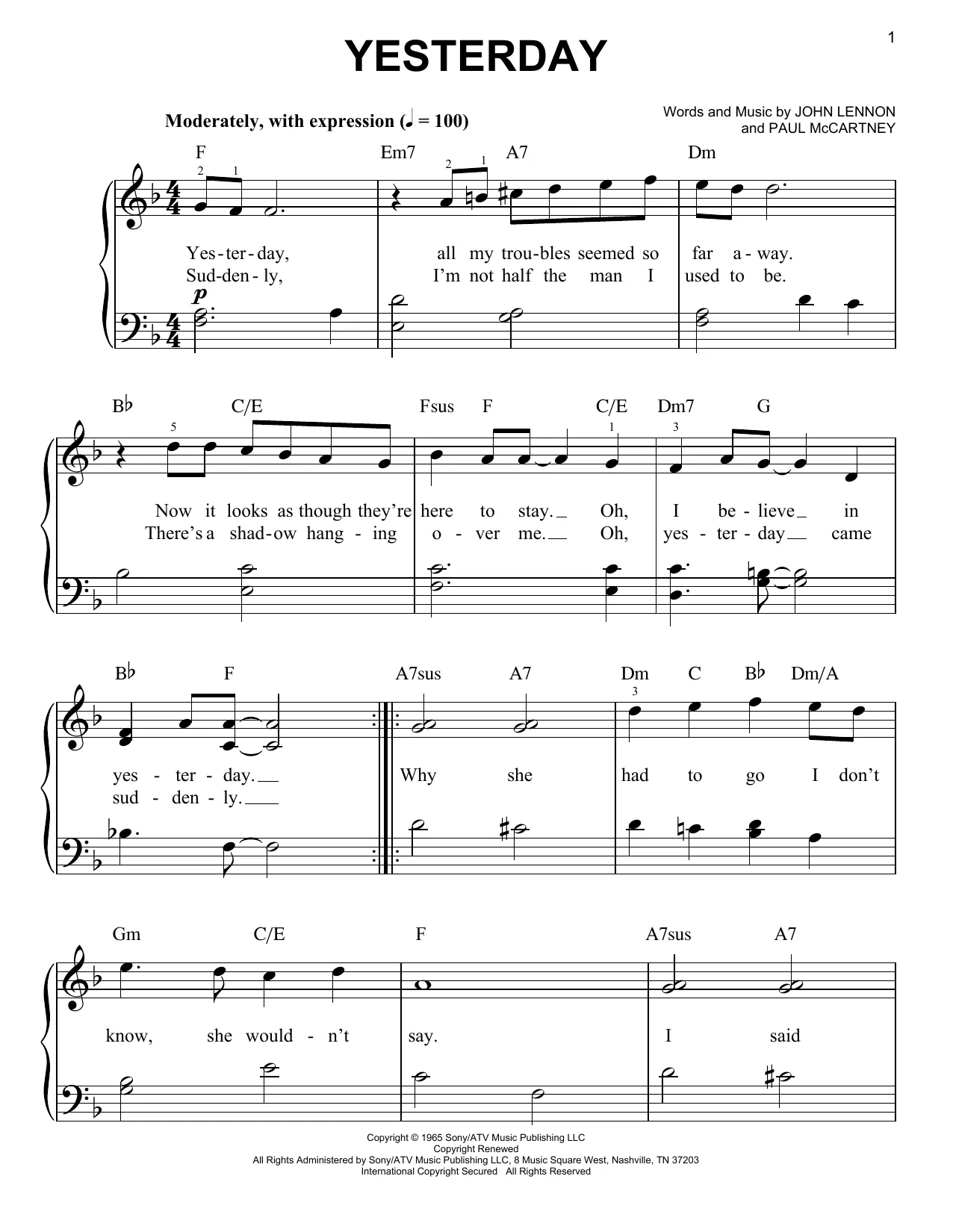 Yesterday partituras por The Beatles (Piano Fácil – 51572)