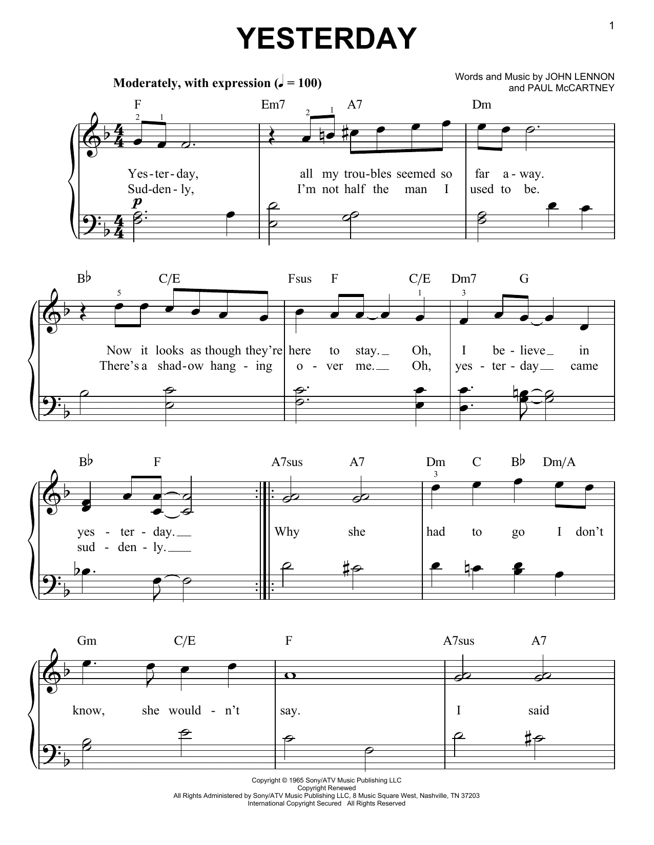 Yesterday partituras por The Beatles (Piano Fácil – 51572) Yesterday partituras por The Beatles (Piano Fácil – 51572)