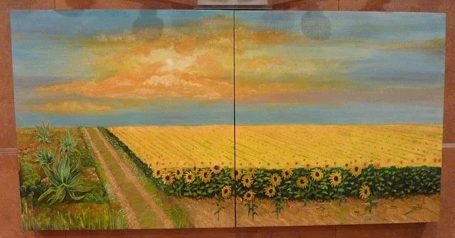 11.- Campo de girasoles. Tríptico con espejo. Oleo sobre madera ... 11.- Campo de girasoles. Tríptico con espejo. Oleo sobre madera ...