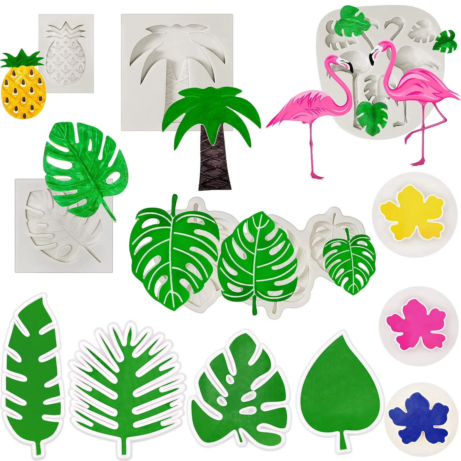 12 moldes de silicona hawaianos, cortadores de hojas tropicales, cortadores de flores hawaianas, hojas de palma, árbol de coco, piña, caramelo, fondant, molde de chocolate para suministros de fiesta de verano : 12 moldes de silicona hawaianos, cortadores de hojas tropicales, cortadores de flores hawaianas, hojas de palma, árbol de coco, piña, caramelo, fondant, molde de chocolate para suministros de fiesta de verano :