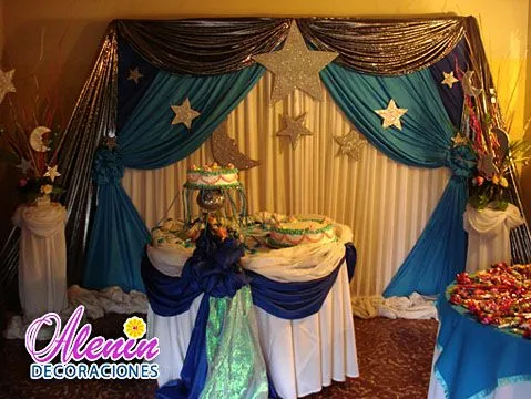 15 AÑOS: Decoración 15 años - (Lunas, estrellas, tonos azules)