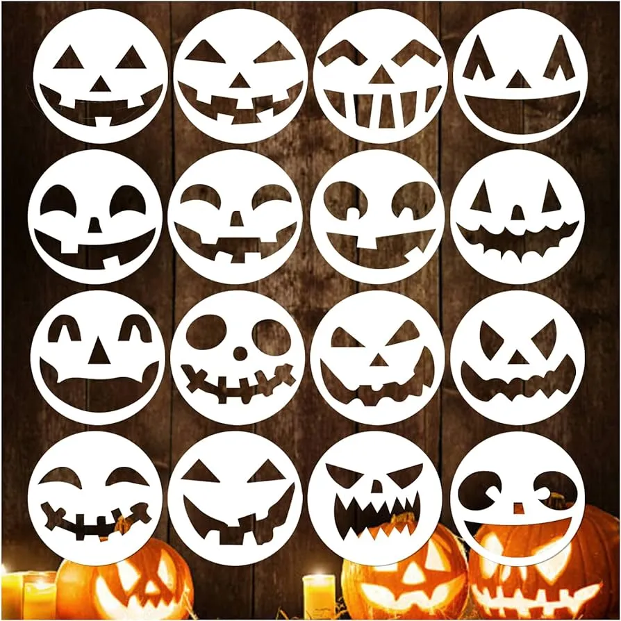 16 plantillas pequeñas de cara de calabaza de Halloween para pintar en madera, plantillas redondas de 16 plantillas pequeñas de cara de calabaza de Halloween para pintar en madera, plantillas redondas de
