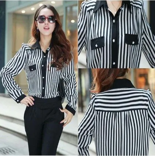 2014 otoño de nuevo decorado bolsillos dama de rayas camisa de ... 2014 otoño de nuevo decorado bolsillos dama de rayas camisa de ...