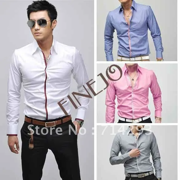 2015 hombres de manga larga camisa de vestir Slim Fit camisa de ...