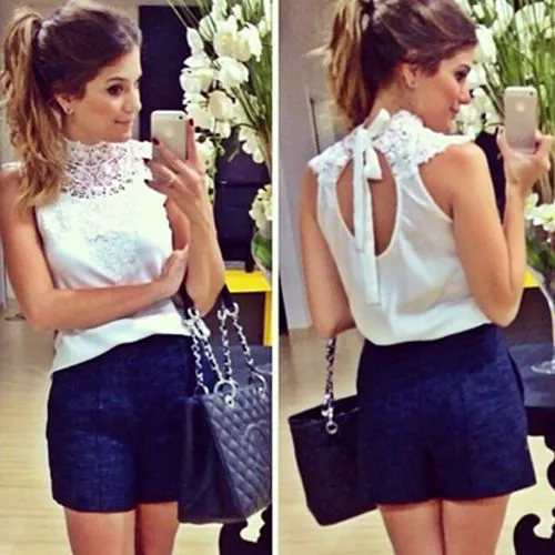 2015 mujeres del verano cordón ocasional de la gasa Blusas Camisas ... 2015 mujeres del verano cordón ocasional de la gasa Blusas Camisas ...