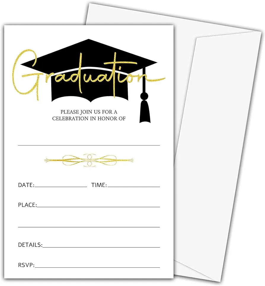 25 invitaciones de graduación con sobres, para universidad, junior, escuela secundaria, universidad, maestría, celebración o anuncio – tarjetas de relleno de invitación negro dorado, suministros para fiesta de graduación -003 : Amazon.com.mx: 25 invitaciones de graduación con sobres, para universidad, junior, escuela secundaria, universidad, maestría, celebración o anuncio – tarjetas de relleno de invitación negro dorado, suministros para fiesta de graduación -003 : Amazon.com.mx: