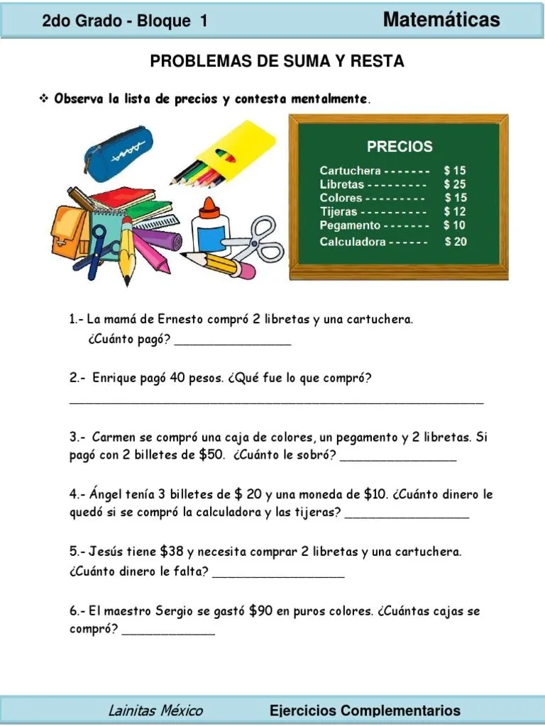 2do Grado - Matemáticas - Problemas de Suma y Resta | PDF 2do Grado - Matemáticas - Problemas de Suma y Resta | PDF