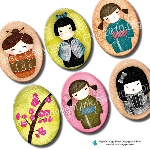 30x40 mm ovals Kokeshi Dolls. Japanese printable oval por InkFive