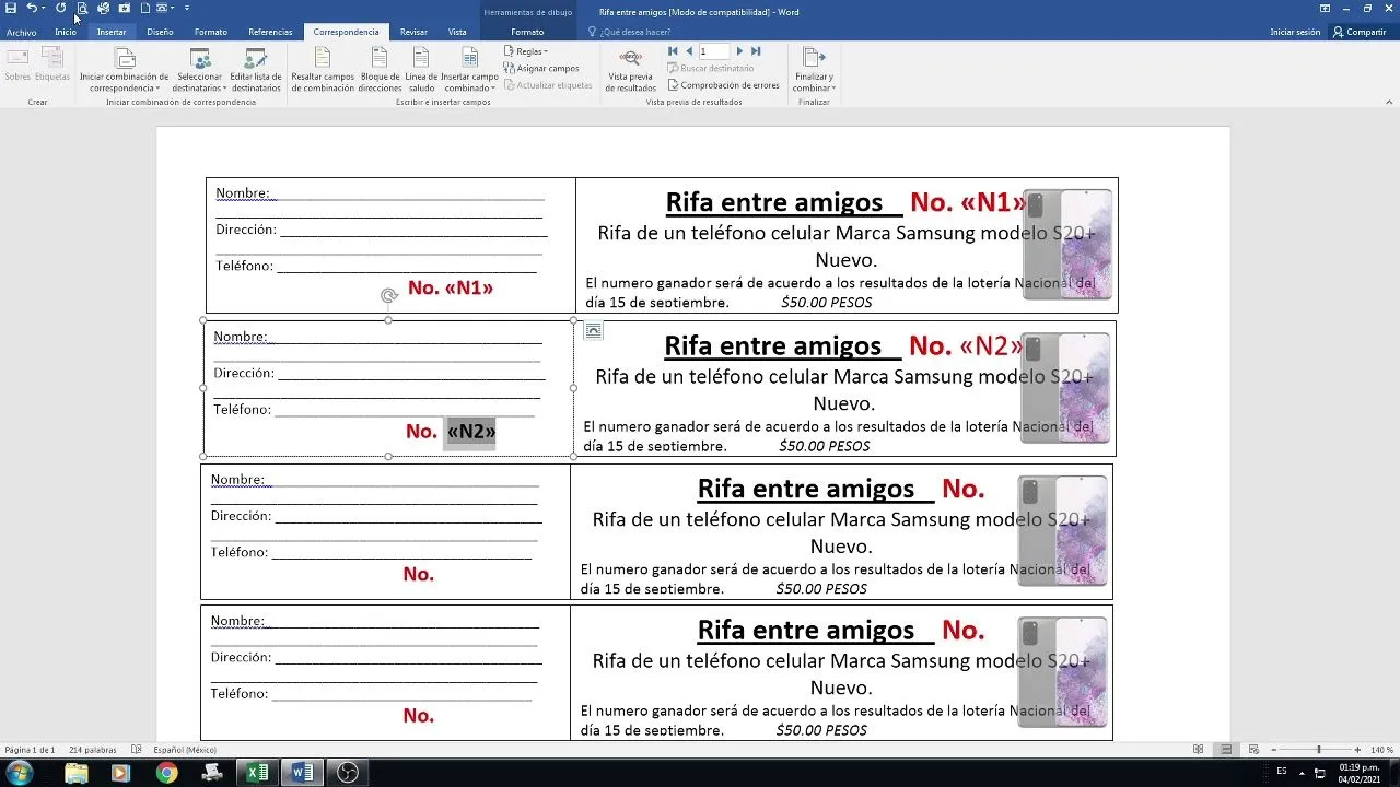 Formato de rifa en excel
