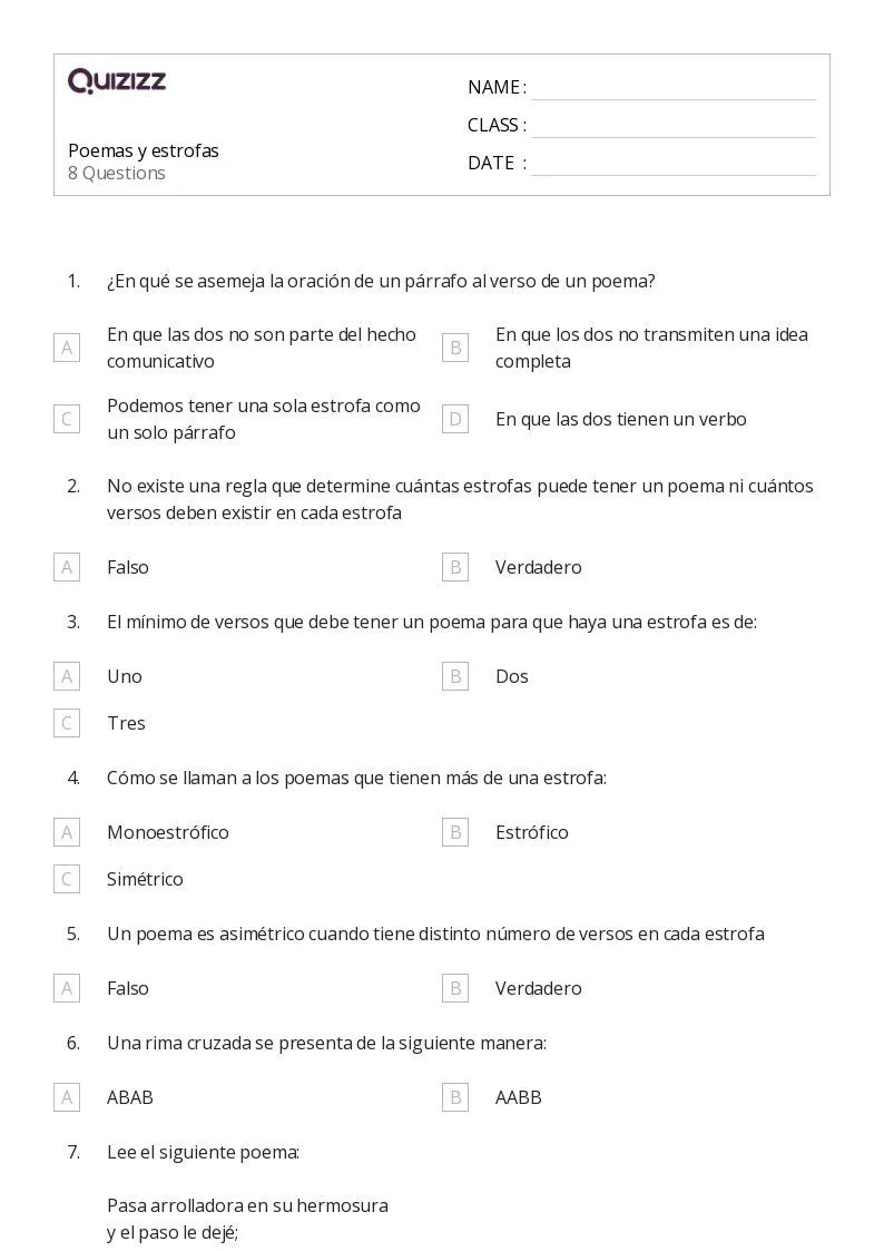 50+ Poemas hojas de trabajo para Grado 8 en Quizizz | Gratis e Imprimible