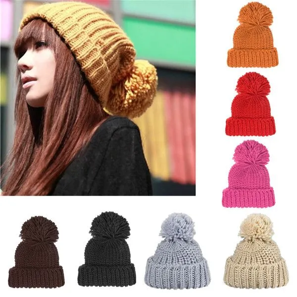 Sombrero mujer Hecho Punto Borla Gorro Tejido Lana Holgado Gorra ...