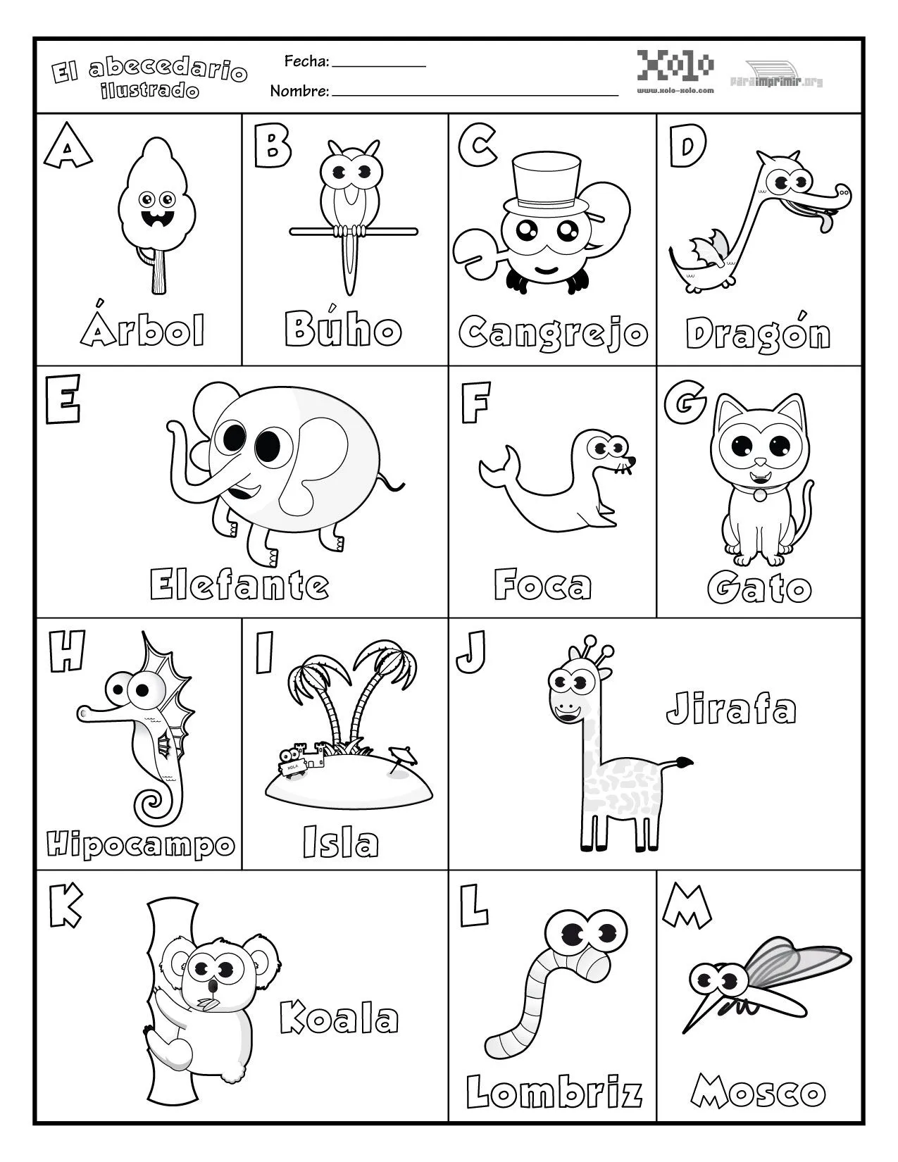 Abecedario ilustrado para colorear y para imprimir Abecedario ilustrado para colorear y para imprimir