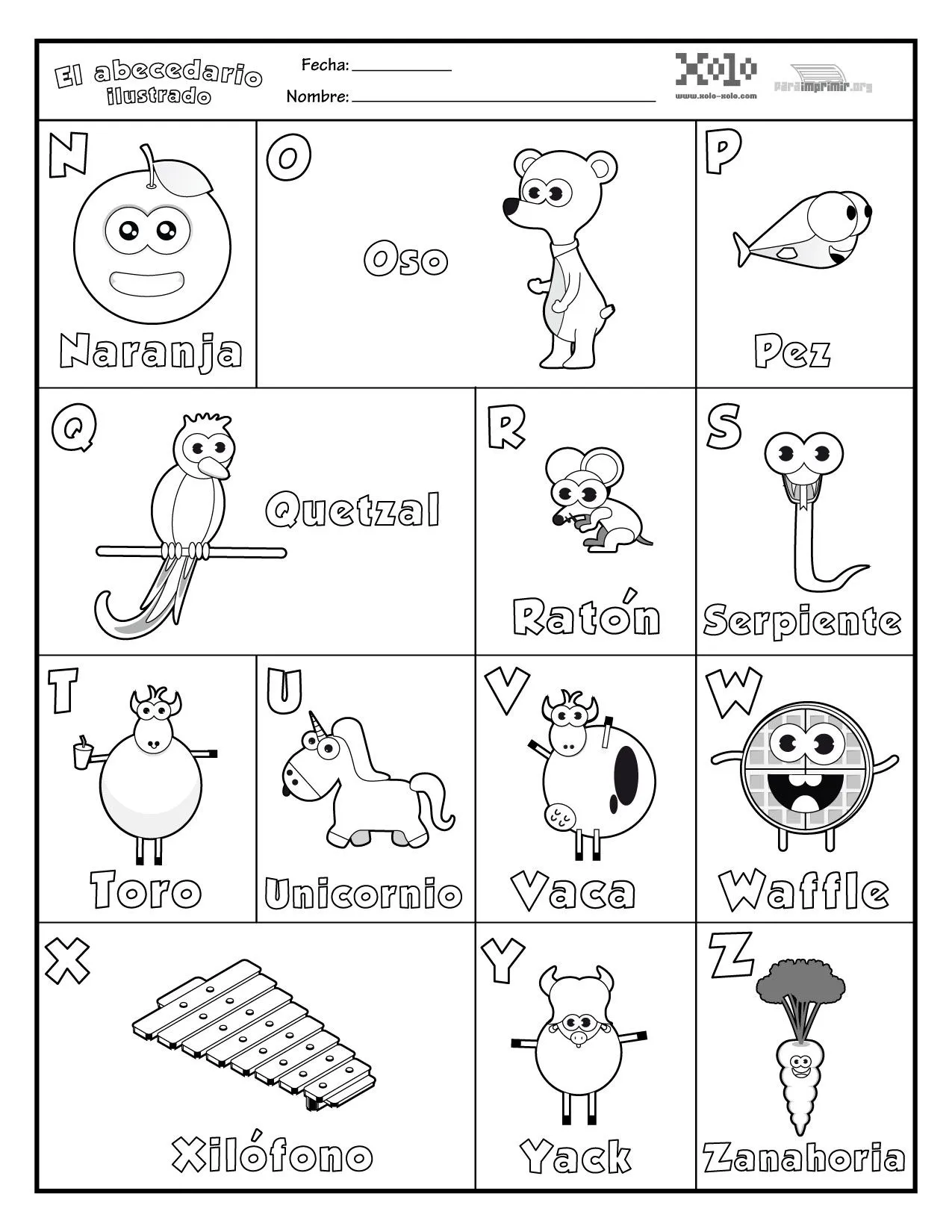 Abecedario ilustrado para colorear y para imprimir Abecedario ilustrado para colorear y para imprimir