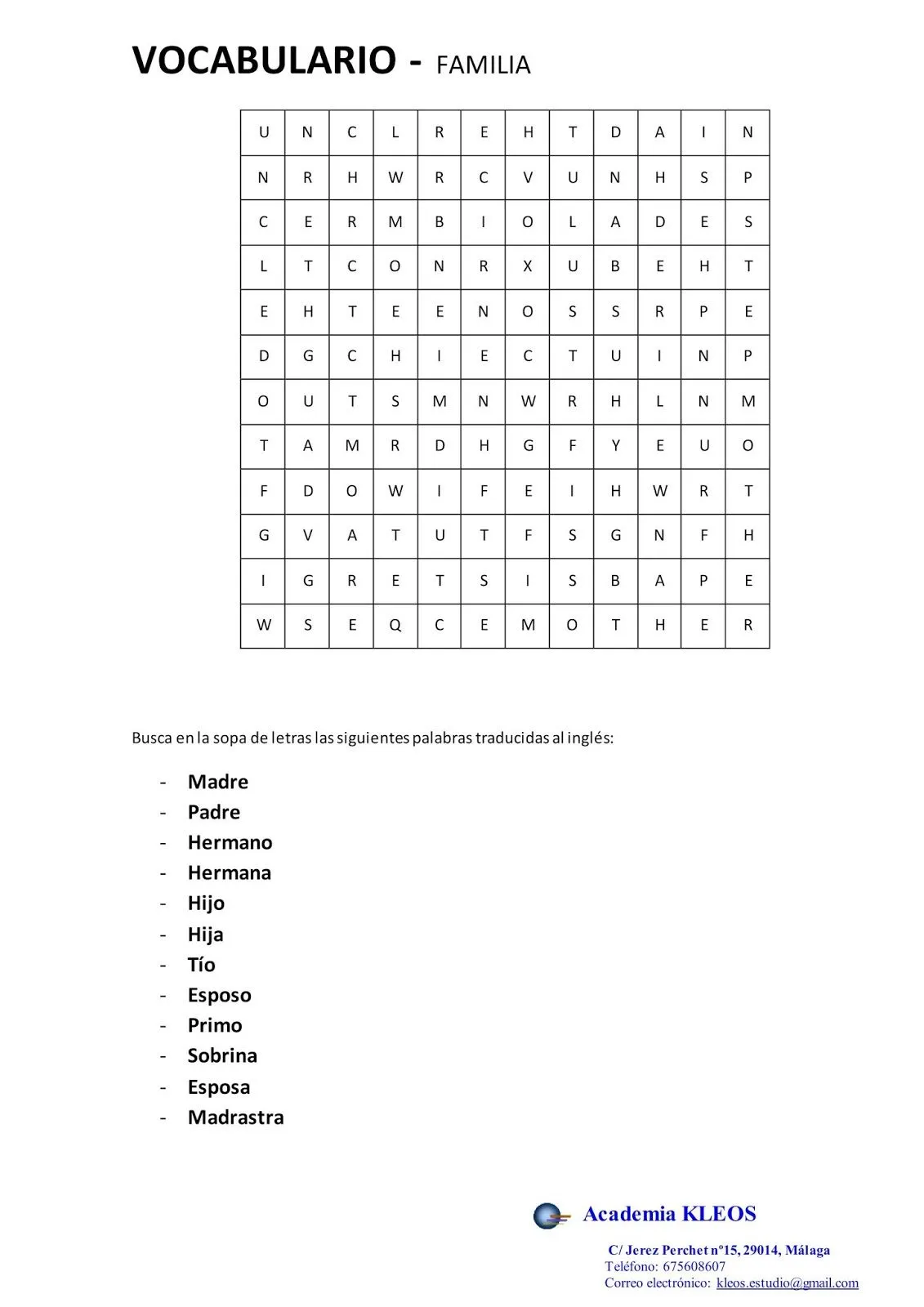 Academia KLEOS (Malaga): Sopa de letras en inglés - Familia Academia KLEOS (Malaga): Sopa de letras en inglés - Familia