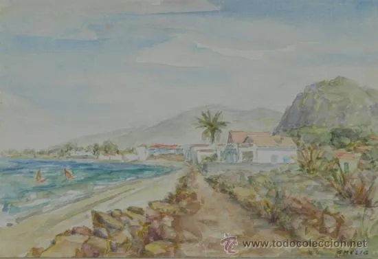 Acuarela. Paisaje. Playa. Fdo gmelig. C 1950 (Arte - Acuarelas ...