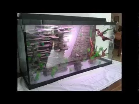 Acuario con fondo rocoso 3D y filtro caseros y troncos curados en ...