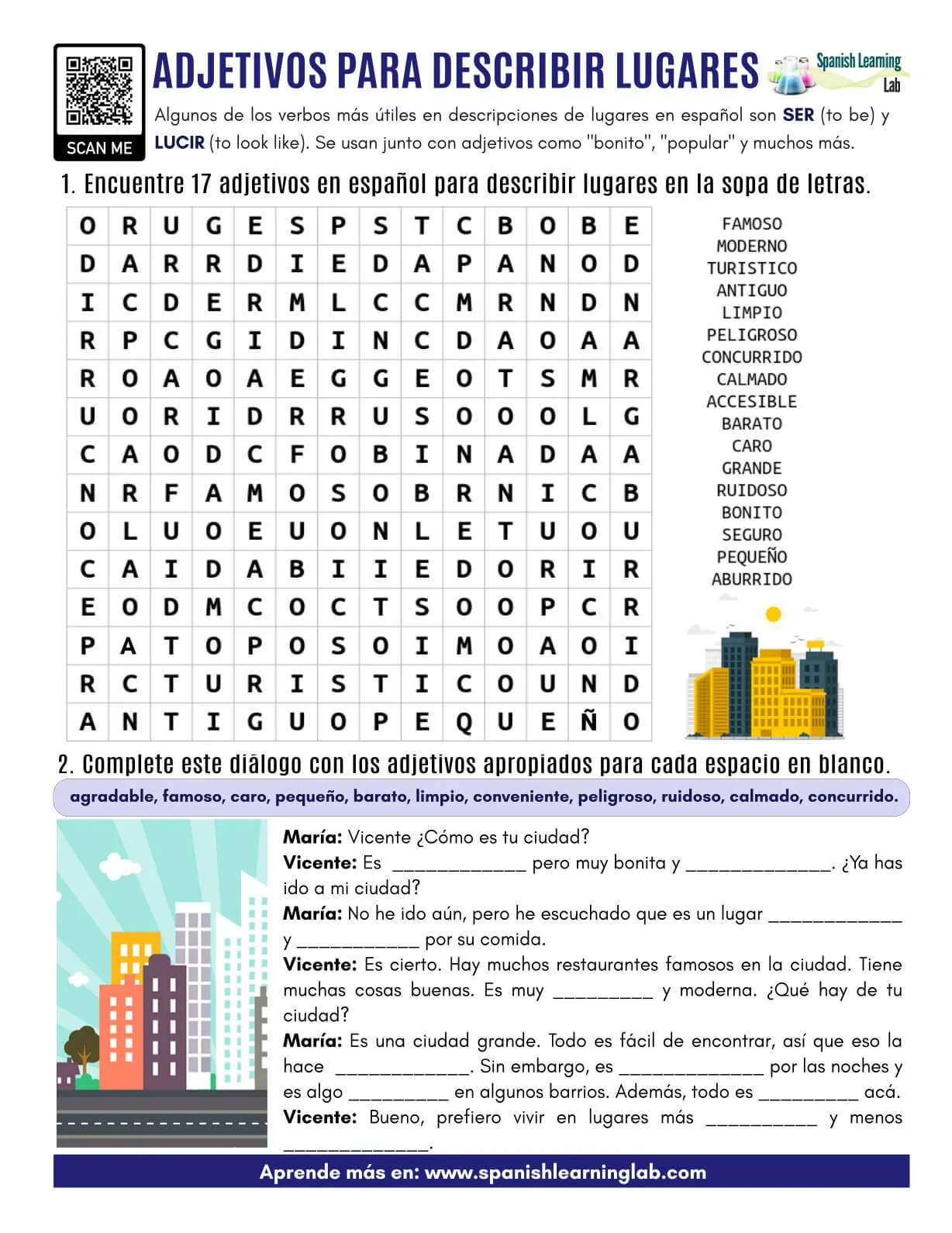 Adjetivos para Describir Lugares en Español - Ejercicios en PDF - Spanish  Learning Lab