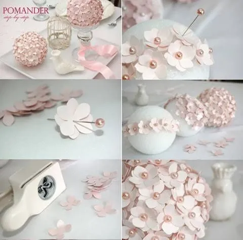 Adorno con bola de espuma de poliestireno con flores de papel ... Adorno con bola de espuma de poliestireno con flores de papel ...