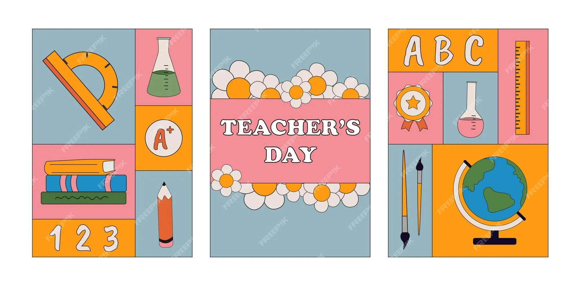 Afiches de mosaico para las vacaciones del día del maestro postales vectoriales útiles escolares en estilo retro | Vector Premium Afiches de mosaico para las vacaciones del día del maestro postales vectoriales útiles escolares en estilo retro | Vector Premium
