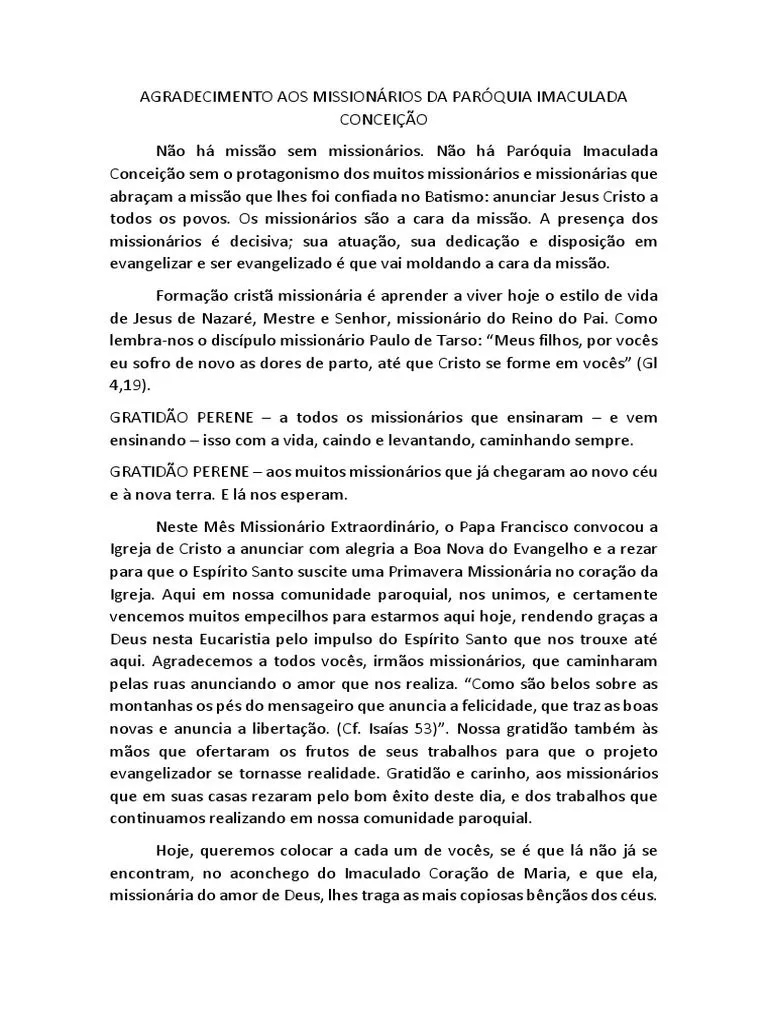 Agradecimento Aos Missionários Da Paróquia Imaculada Conceição | PDF Agradecimento Aos Missionários Da Paróquia Imaculada Conceição | PDF