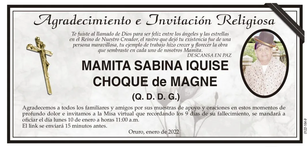Agradecimiento e Invitación Religiosa: MAMITA SABINA IQUISE CHOQUE de MAGNE (Q. D. D. G.) - Periódico La Patria Agradecimiento e Invitación Religiosa: MAMITA SABINA IQUISE CHOQUE de MAGNE (Q. D. D. G.) - Periódico La Patria