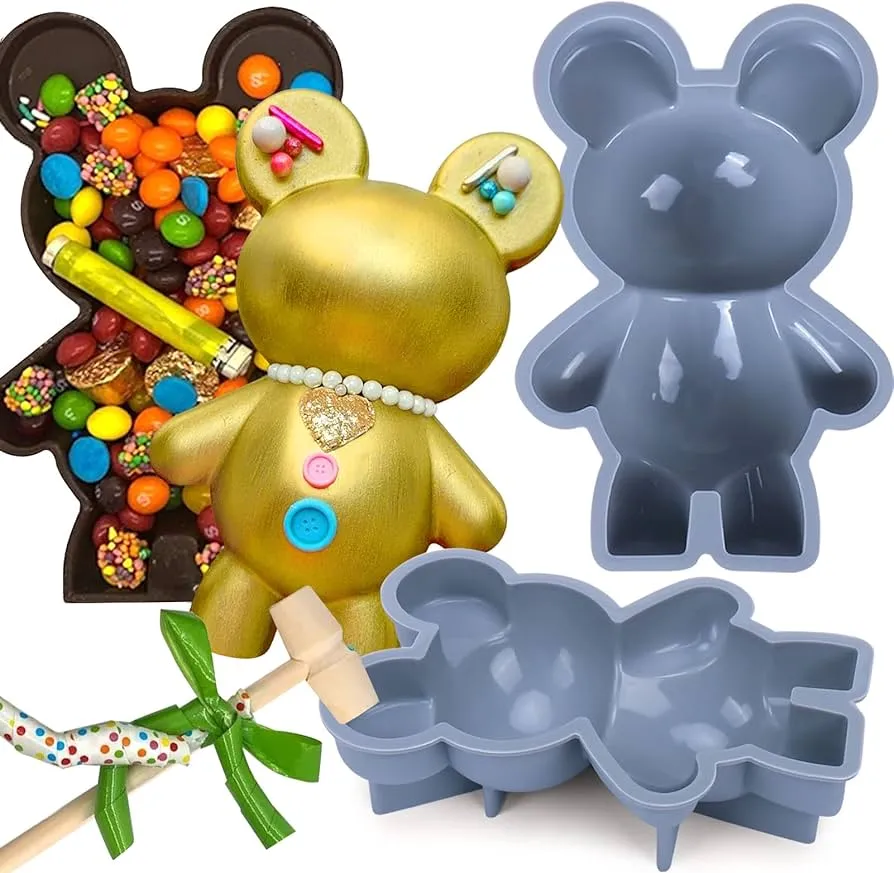 AIERSA - Moldes de silicona de oso de chocolate, 2 piezas 3D de oso de peluche rompible AIERSA - Moldes de silicona de oso de chocolate, 2 piezas 3D de oso de peluche rompible