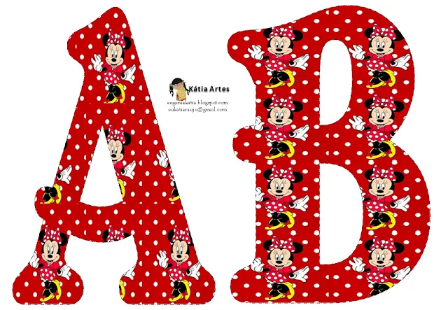 Alfabeto de Minnie Mouse en fondo rojo con lunares blancos. 2 ...