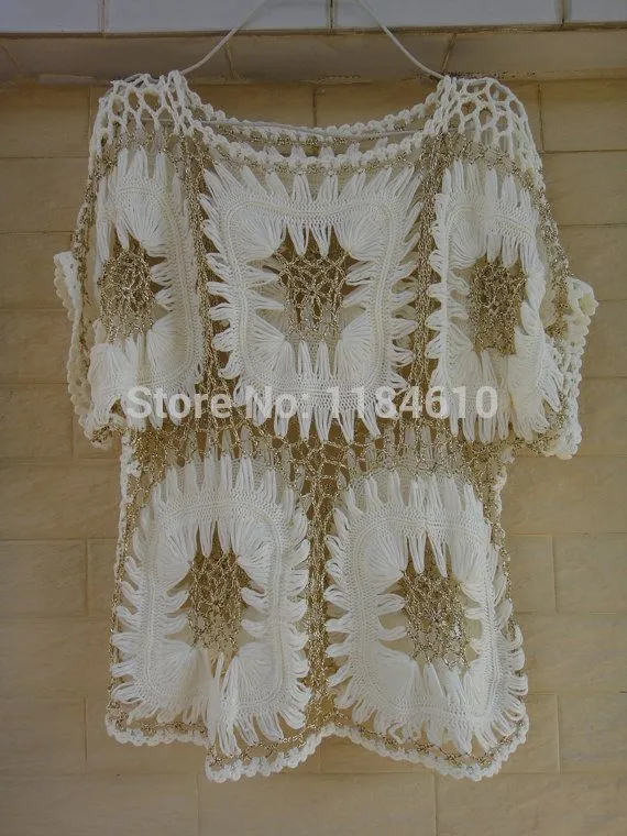 Marfil y oro escarpada para mujer túnica de la blusa Crochet Top ...