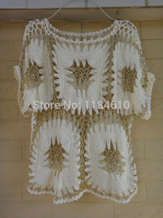 Marfil y oro escarpada para mujer túnica de la blusa Crochet Top ... Marfil y oro escarpada para mujer túnica de la blusa Crochet Top ...