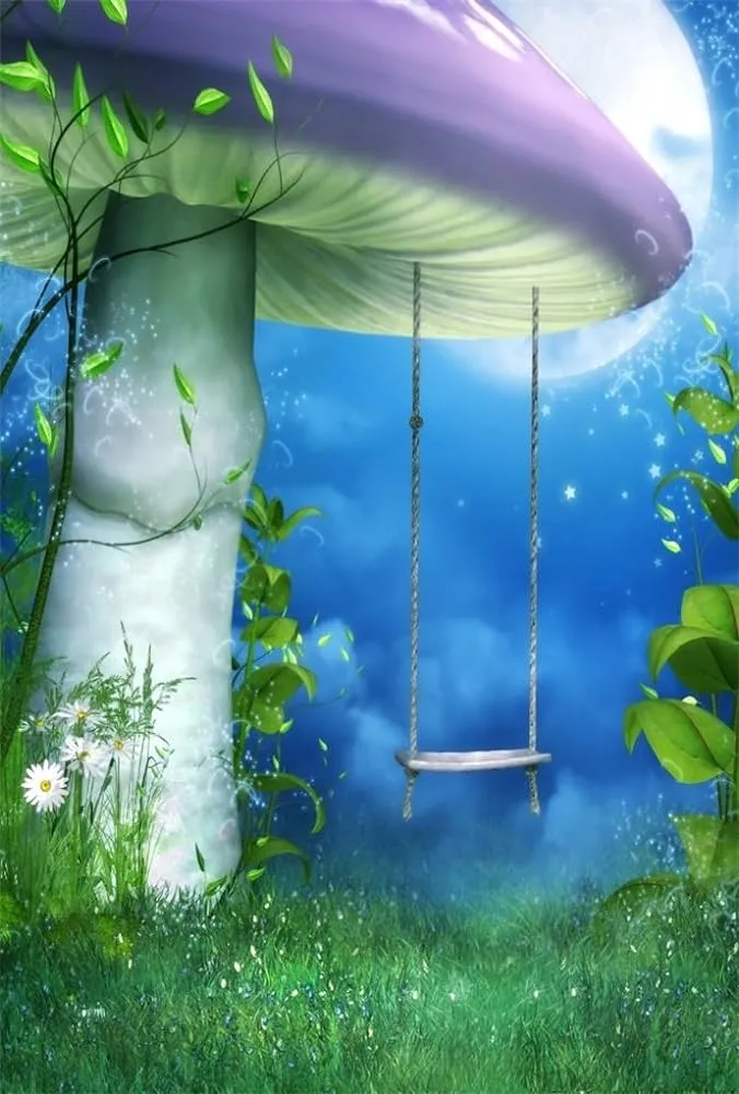 Amazon.com: aofoto 6 x 8ft seta de ensueño telón de fondo para fotografía cuento de hadas Bosque Noche de Luna Swing Vines Cogollos Meadow fondo Photo Studio Accesorios Kid Niño Bebé niña