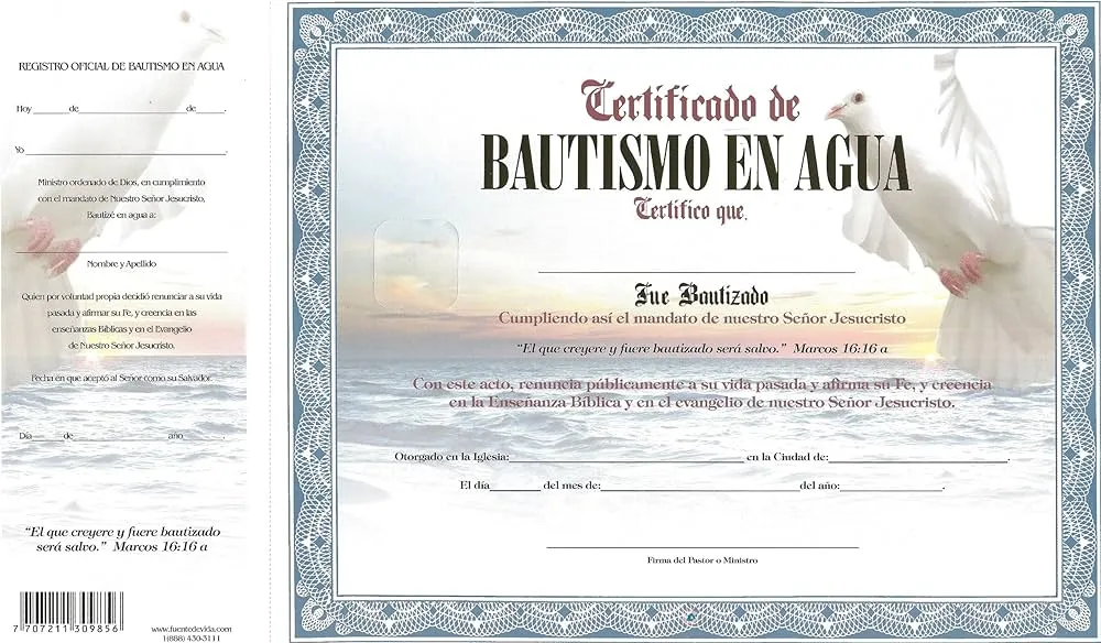 Amazon.com: Certificado de Bautismo en Agua Azul Paloma: 7707211309856: Fuente de Vida Distributors Inc.: Libros Amazon.com: Certificado de Bautismo en Agua Azul Paloma: 7707211309856: Fuente de Vida Distributors Inc.: Libros