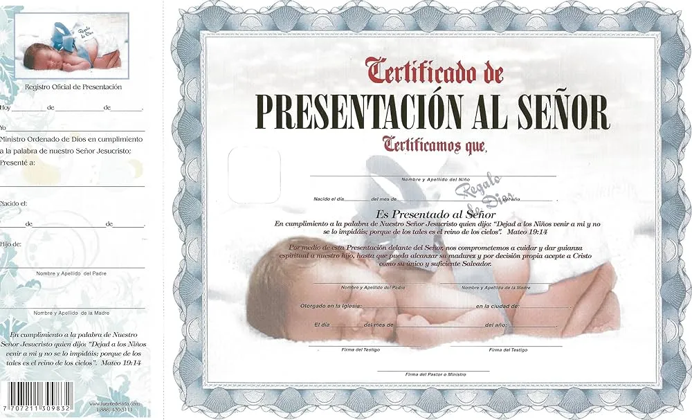 Amazon.com: Certificado de Presentación al Señor Niños: 7707211309832:  Fuente de Vida Distributors Inc.: Libros