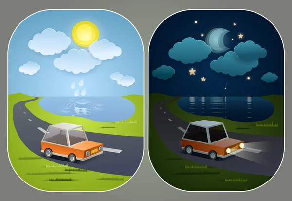 Día & noche paisaje con coche, hecho de papel — Vector stock ... Día & noche paisaje con coche, hecho de papel — Vector stock ...