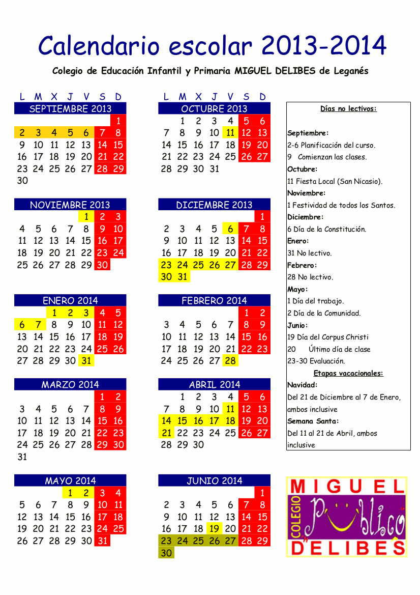 AMPA C. P. Miguel Delibes: Calendario Escolar para el curso 2013 ... AMPA C. P. Miguel Delibes: Calendario Escolar para el curso 2013 ...
