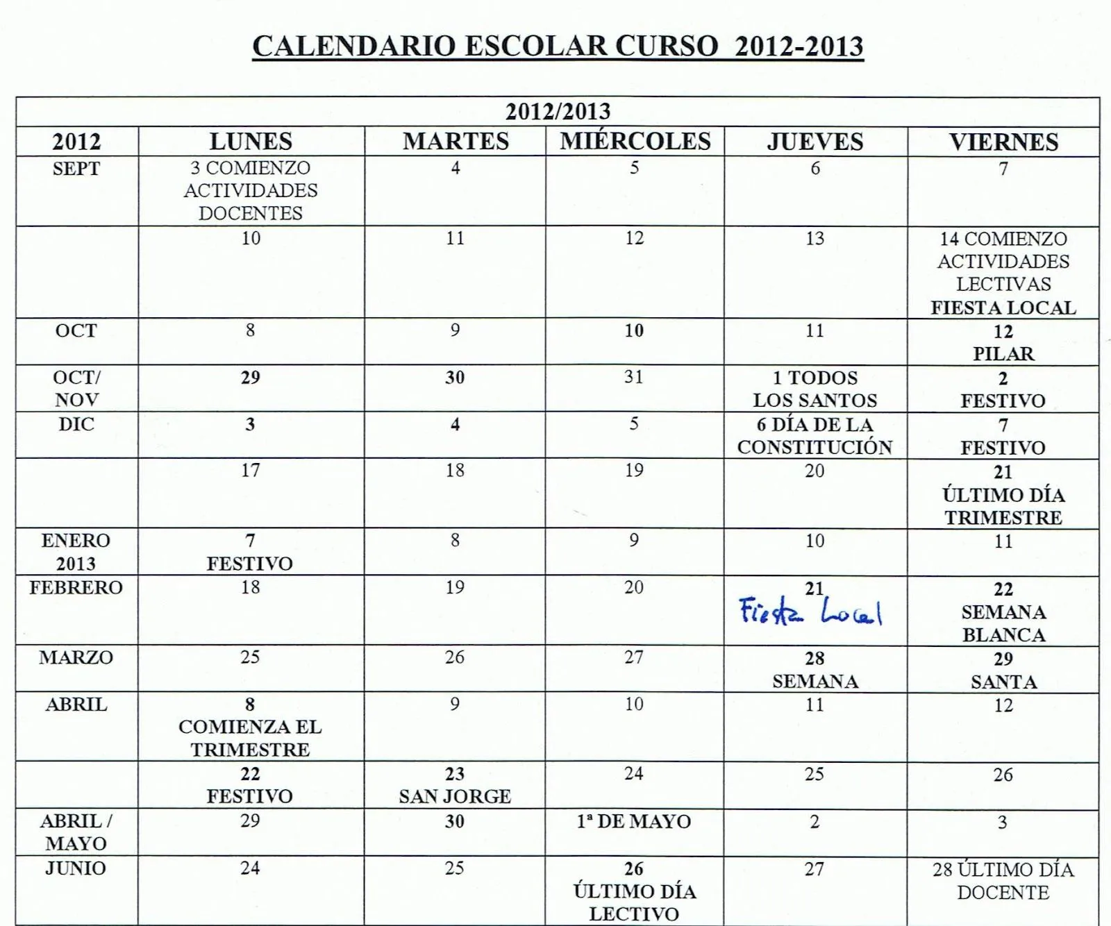 AMPA del IES de Binéfar: CALENDARIO ESCOLAR CURSO 2012-