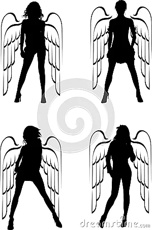 Cuatro ángeles con alas, silueta de las muchachas. Cuatro ángeles con alas, silueta de las muchachas.