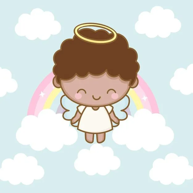 Angelito niño negro volando en el cielo con arco iris | Vector Premium