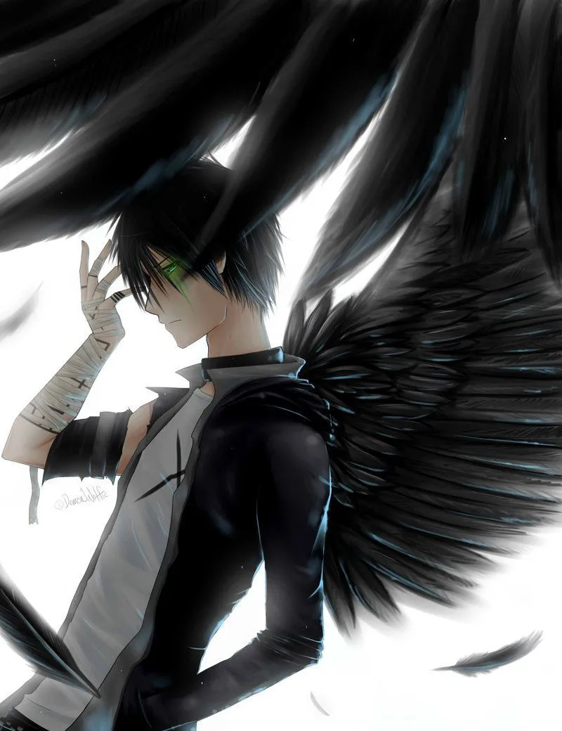 Anime art guy boy man black wings angel injured hothothot ...