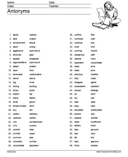 Lista de Antónimos en Inglés - Para Imprimir Gratis ... Lista de Antónimos en Inglés - Para Imprimir Gratis ...