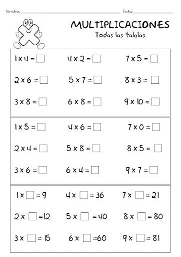 EJERCICIOS TABLAS DE MULTIPLICAR PARA IMPRIMIR