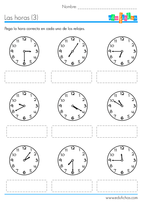 Aprender las Horas del Reloj. Actividades Gratis en PDF