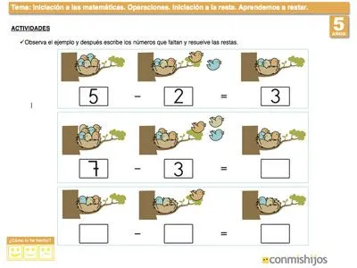 Aprender a restar. Ficha de matemáticas para niños