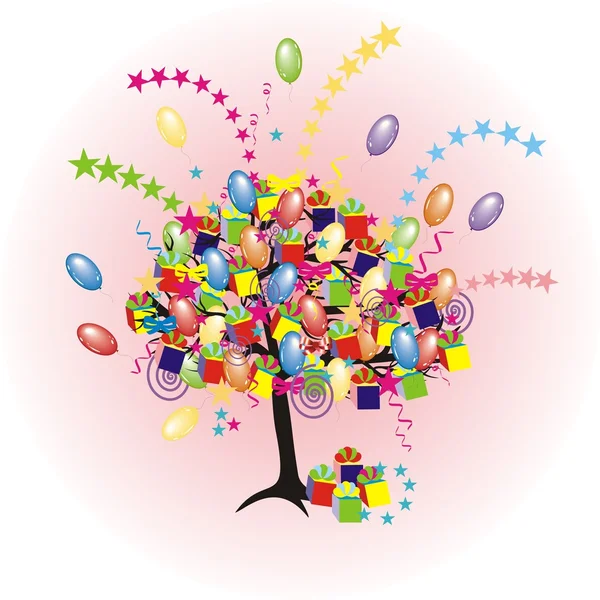 Árbol de dibujos animados fiesta con globos, regalos, cajas para ... Árbol de dibujos animados fiesta con globos, regalos, cajas para ...