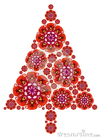 Árbol de navidad hecho de mandalas en rojo.