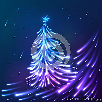 Árbol de navidad de neón azul de las luces brillantes del vector.